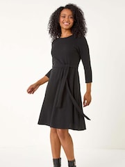 Roman Black Petite Ribbed Tie Waist Detail Dress - Image 1 of 5