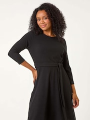 Roman Black Petite Ribbed Tie Waist Detail Dress - Image 2 of 5