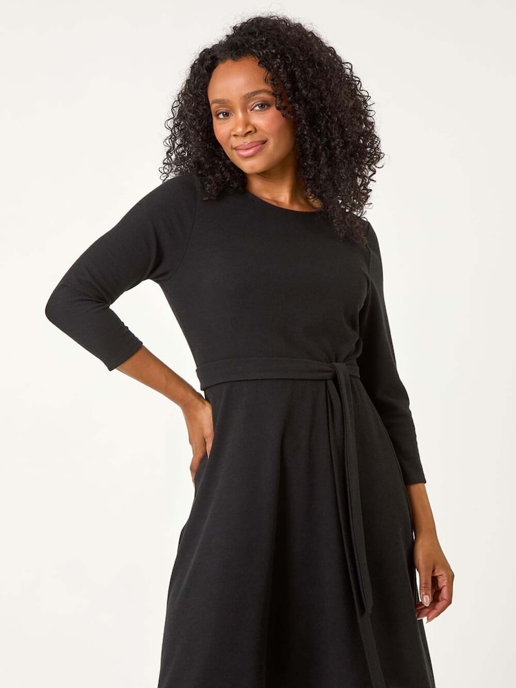 Roman Black Petite Ribbed Tie Waist Detail Dress - Image 2 of 5