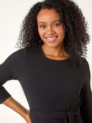 Roman Black Petite Ribbed Tie Waist Detail Dress - Image 4 of 5
