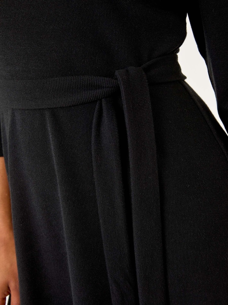 Roman Black Petite Ribbed Tie Waist Detail Dress - Image 5 of 5