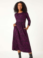 Roman Purple Petite Swirl Print Stretch Midi Dress - Image 1 of 5