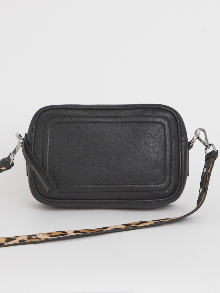 JD Williams Black Detatchable Leopard Print Strap Leather Saddle Bag - Image 1 of 4
