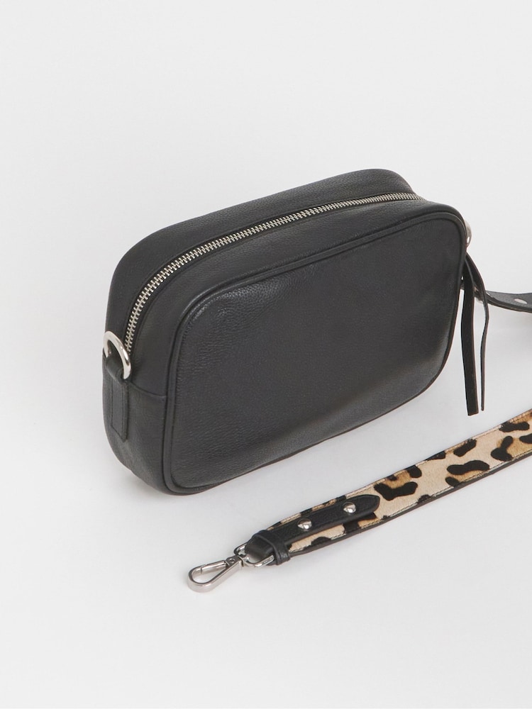 JD Williams Black Detatchable Leopard Print Strap Leather Saddle Bag - Image 4 of 4