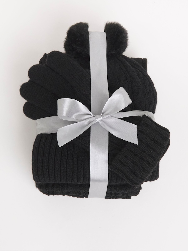 JD Williams Black Cable Knit Hat Gloves Scarf Set - Image 2 of 5