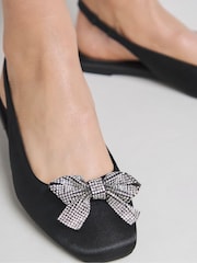 Simply Be Black Diamante Bow Detail Slingback Flat Ballerinas In Extra Wide Fit - Image 3 of 4