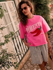 Fluro Pink Fun Pimienta Chilli Heavy Boucle/Embroidery Summer Graphic Crewneck Short Sleeve Heavyweight T-Shirt - Image 1 of 4