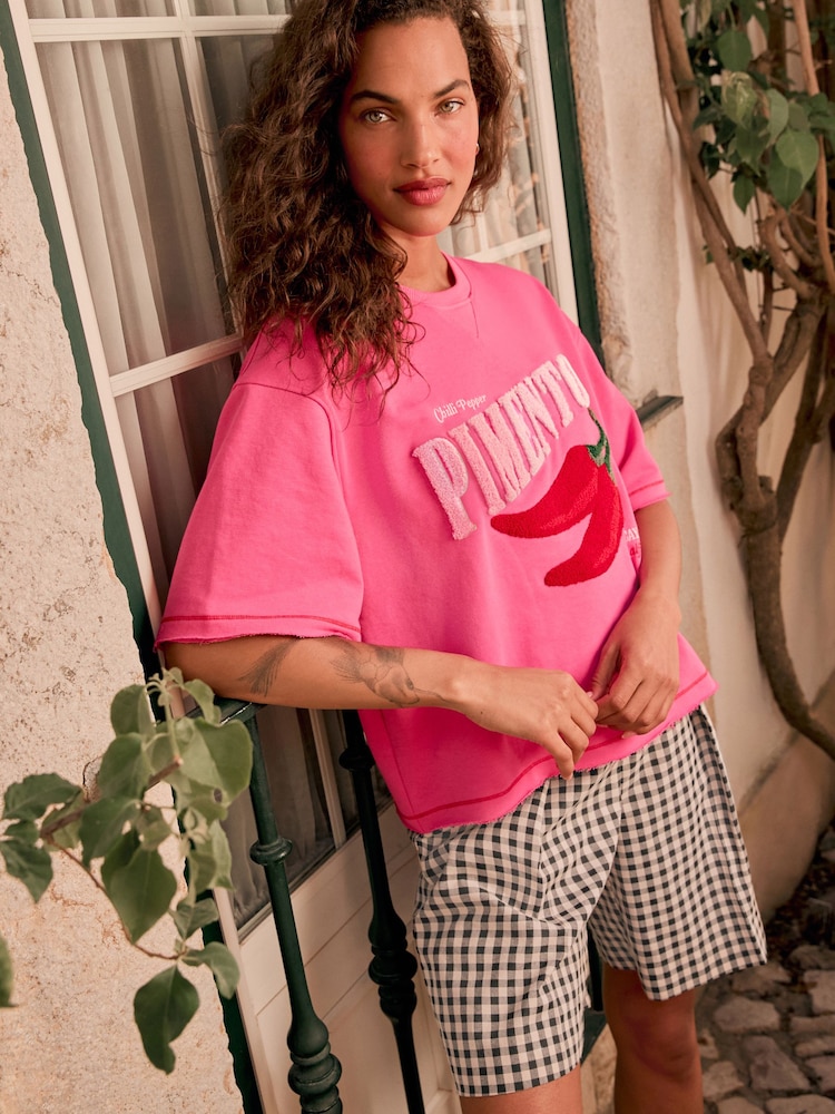 Fluro Pink Chilli Graphic Embroidered Heavyweight T-Shirt - Image 2 of 7 Fluro Pink Chilli Graphic Embroidered Heavyweight T-Shirt - Image 2 of 7