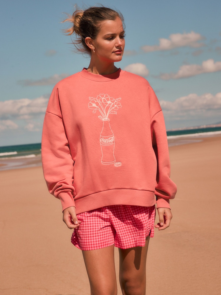 Red Relaxed FIt Offical Coca Cola License Flower Vase Coke Bottle Graphic Print Crew Neck Sweatshirt - Image 2 of 7
