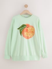 Mint Green Longline Fun Fruit Graphic Print Stay Peachy Crew Neck Sweatshirt - Image 1 of 4