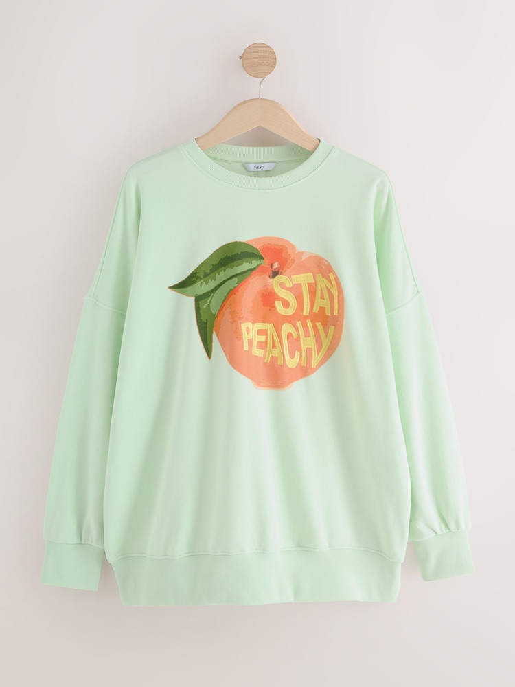Mint Green Longline Fun Fruit Graphic Print Stay Peachy Crew Neck Sweatshirt - Image 1 of 4