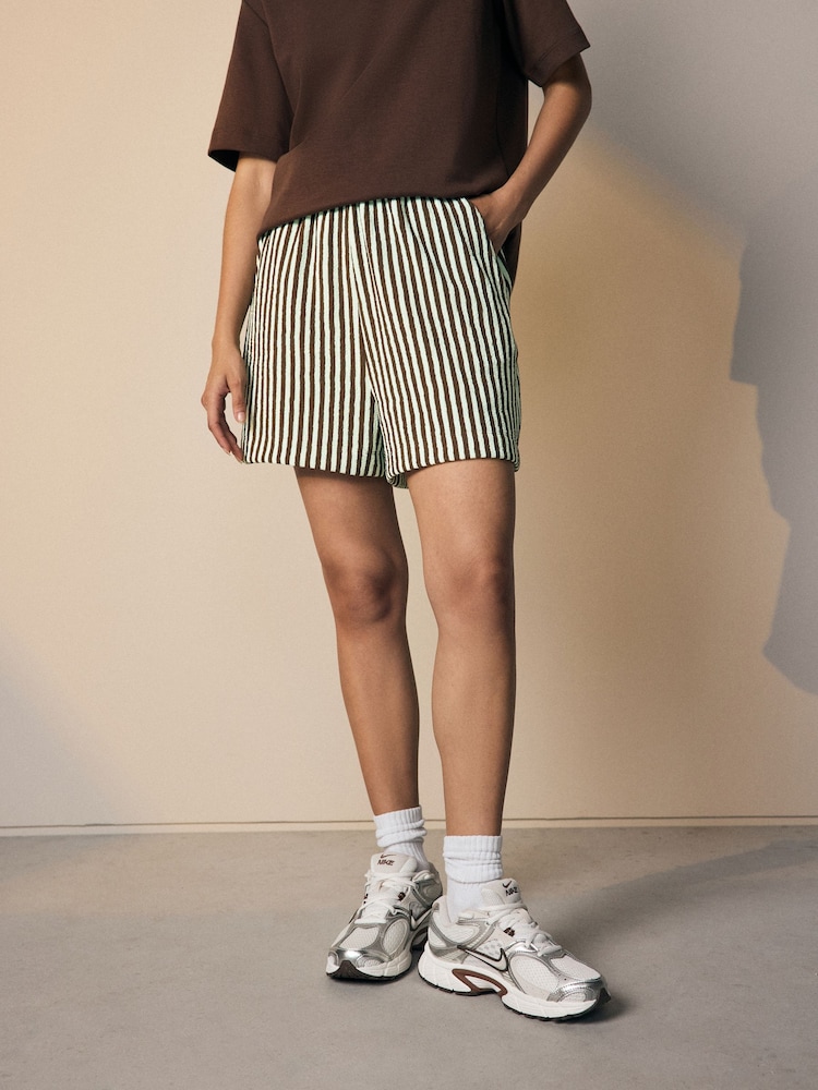 Mint Green Textured Striped Summer Beach Shorts - Image 2 of 8