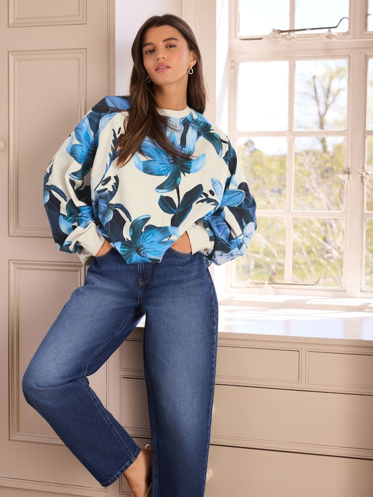 Floral Blue Kew Garden Puff Ball Balloon Bubble Hem Crewneck Sweatshirt - Image 2 of 8