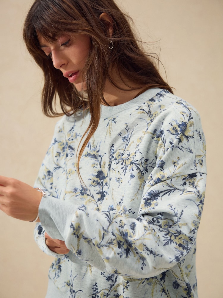 Grey Vintage Floral Print Supersoft Peached Essentials Crew Neck Seam Detail Sweatshirt - Image 4 of 4 Grey Vintage Floral Print Supersoft Peached Essentials Crew Neck Seam Detail Sweatshirt - Image 4 of 4