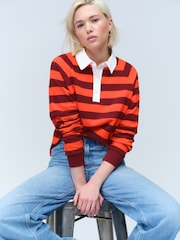 Burgundy Red/Orange Contrast Henley Collar Stripe Rugby Polo Sweatshirt - Image 1 of 3