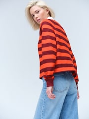 Burgundy Red/Orange Contrast Henley Collar Stripe Rugby Polo Sweatshirt - Image 2 of 3