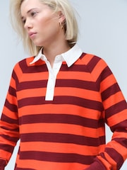 Burgundy Red/Orange Contrast Henley Collar Stripe Rugby Polo Sweatshirt - Image 3 of 3