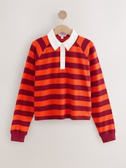 Burgundy Red/Orange Textured Jersey Stripe Rugby Polo Lightweight Sweatshirt with Contrast Collar - Image 4 of 6