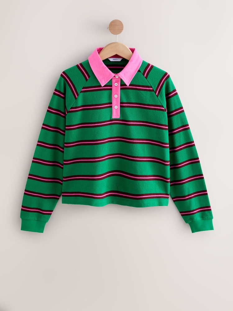 Bright Green/Pink Chocolate Contrast Henley Collar Stripe Rugby Polo Sweatshirt - Image 1 of 4