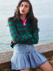 Bright Green/Pink Chocolate Contrast Henley Collar Stripe Rugby Polo Sweatshirt - Image 4 of 4