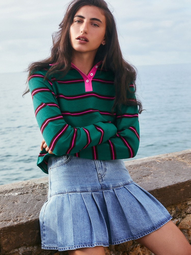 Bright Green/Pink Chocolate Contrast Henley Collar Stripe Rugby Polo Sweatshirt - Image 4 of 4