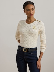 Lauren Ralph Lauren Button Trim Cable Knit 100% Cotton Jumper - Image 1 of 5