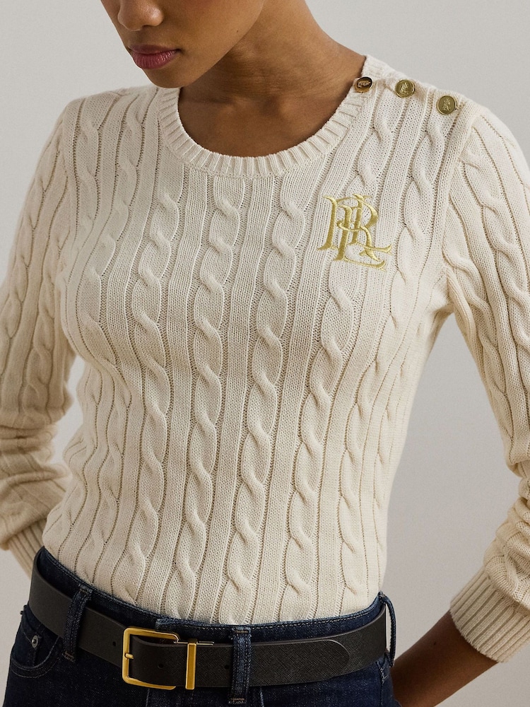 Lauren Ralph Lauren Button Trim Cable Knit 100% Cotton Jumper - Image 4 of 5