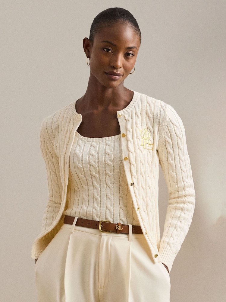 Lauren Ralph Lauren Ralhan Cable Knit Crest Logo Cardigan - Image 1 of 8