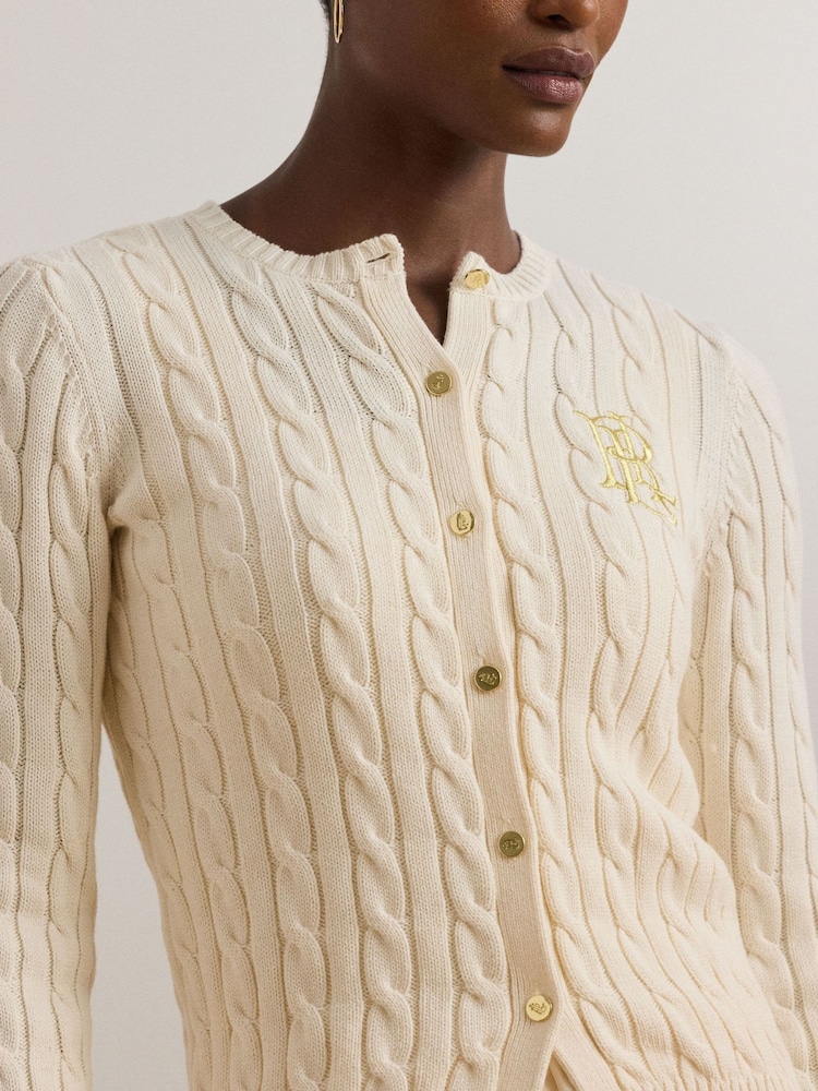 Lauren Ralph Lauren Ralhan Cable Knit Crest Logo Cardigan - Image 7 of 8