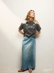 Charcoal Grey Oversized Washed Short Sleeve Crew Neck Sporty Graphic Print T-Shirt with Contrast Shoulder Panelling - Image 2 of 7