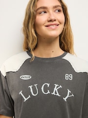 Charcoal Grey Oversized Washed Short Sleeve Crew Neck Sporty Graphic Print T-Shirt with Contrast Shoulder Panelling - Image 4 of 7
