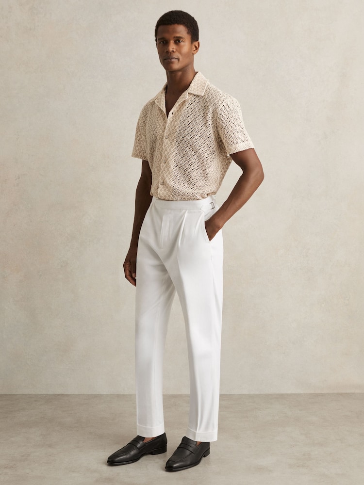 White - Reiss Cantwell Cotton-Blend Tapered Trousers - Image 1 of 7 White - Reiss Cantwell Cotton-Blend Tapered Trousers - Image 1 of 7