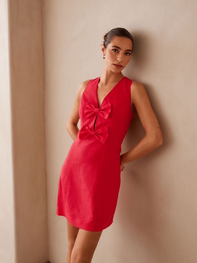 Bright Red Sleeveless Bow Front Mini Dress - Image 1 of 9