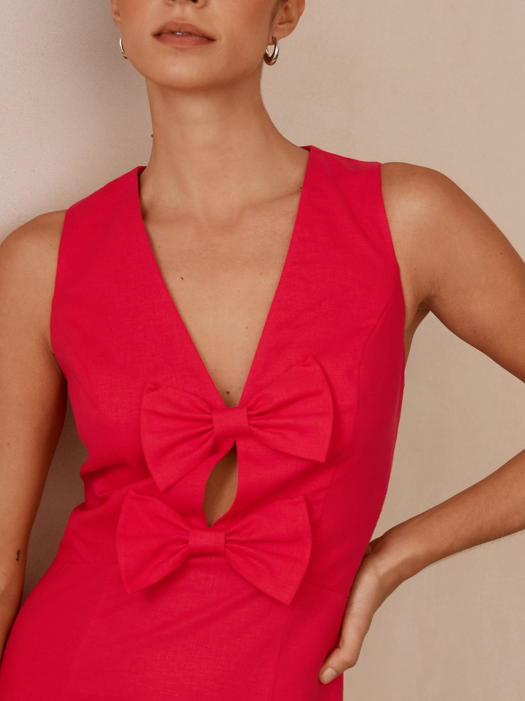 Buy Bright Red Sleeveless Bow Front Cotton Rich Mini Dress