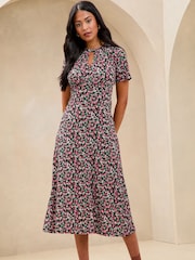 Lipsy Pink Ditsy Petite Printed Short Sleeve Keyhole Jersey Midi Dress - Image 1 of 4
