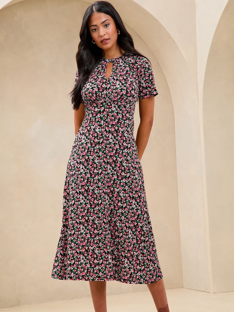 Lipsy Pink Ditsy Petite Printed Short Sleeve Keyhole Jersey Midi Dress - Image 1 of 4