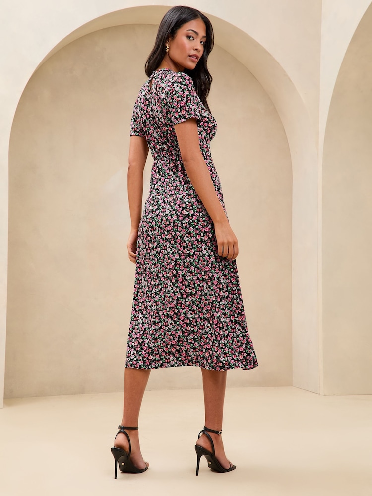 Lipsy Pink Ditsy Petite Printed Short Sleeve Keyhole Jersey Midi Dress - Image 4 of 4