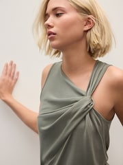 Sage Green Twist Neck Slinky Mini Dress - Image 2 of 6