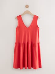 Bright Red 100% Cotton V-Neck Jersey Mini Summer Dress - Image 4 of 6