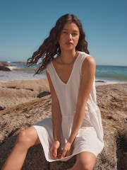 White 100% Cotton V-Neck Jersey Mini Summer Dress - Image 1 of 7