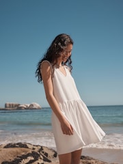 White 100% Cotton V-Neck Jersey Mini Summer Dress - Image 3 of 7