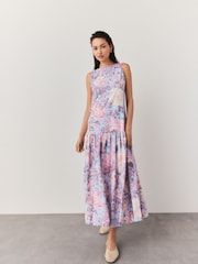 Pastel Blue Floral Sleeveless Drop Waist 100% Cotton Crew Neck Midi Dress - Image 1 of 4