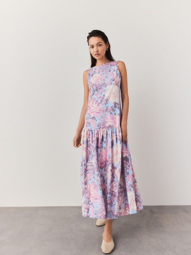 Pastel Blue Floral Sleeveless Drop Waist 100% Cotton Crew Neck Midi Dress - Image 1 of 4