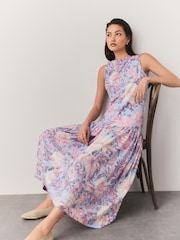 Pastel Blue Floral Sleeveless Drop Waist 100% Cotton Crew Neck Midi Dress - Image 2 of 4