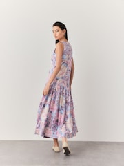 Pastel Blue Floral Sleeveless Drop Waist 100% Cotton Crew Neck Midi Dress - Image 3 of 4