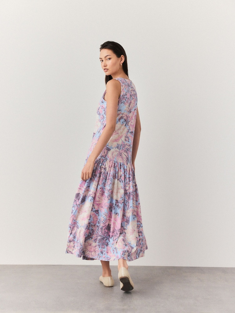 Pastel Blue Floral Sleeveless Drop Waist 100% Cotton Crew Neck Midi Dress - Image 3 of 4