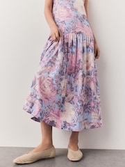 Pastel Blue Floral Sleeveless Drop Waist 100% Cotton Crew Neck Midi Dress - Image 4 of 4