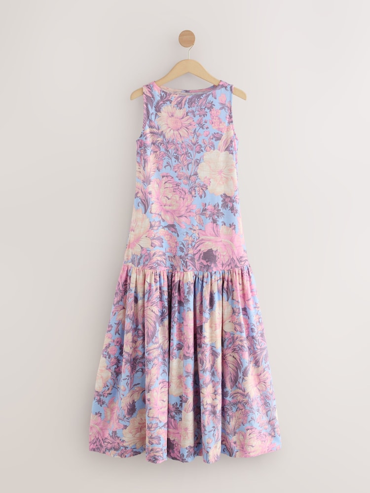 Pastel Blue Floral Sleeveless Drop Waist 100% Cotton Crew Neck Midi Dress - Image 5 of 7