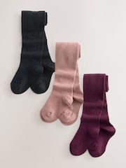 Plum Red Pink and Black Cotton Rich Tights 3 Pack - Image 1 of 6
