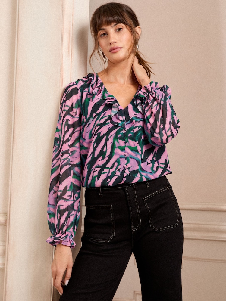 Розовый - Love & Roses Ruffle Detail V-Neck Long Sleeve Blouse - Image 1 of 4